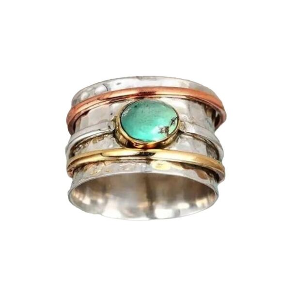 New 8 Boho Turquoise Natural Wide Metal Vintage Ring Band Silver Tunnel - Picture 1 of 5